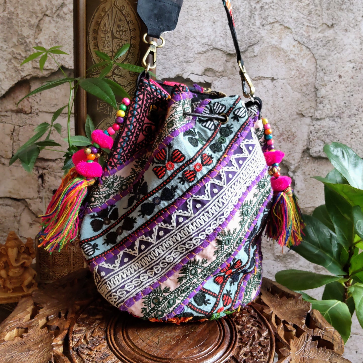 BSS-76c巾着型ミラー刺繍2wayエスニックショルダーバッグ(S)