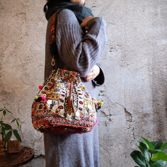 BMS-77c巾着型2wayエスニックショルダーバッグ(L)