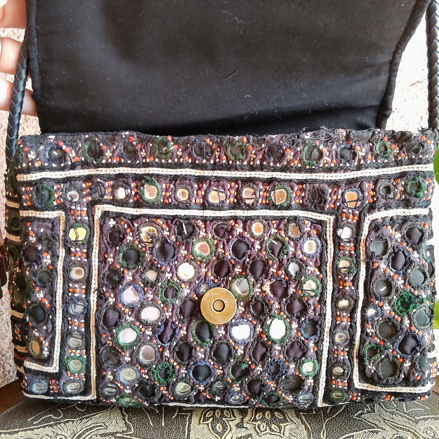 BSS-89c ブラックミラー刺繍エスニックショルダーバッグ(S)