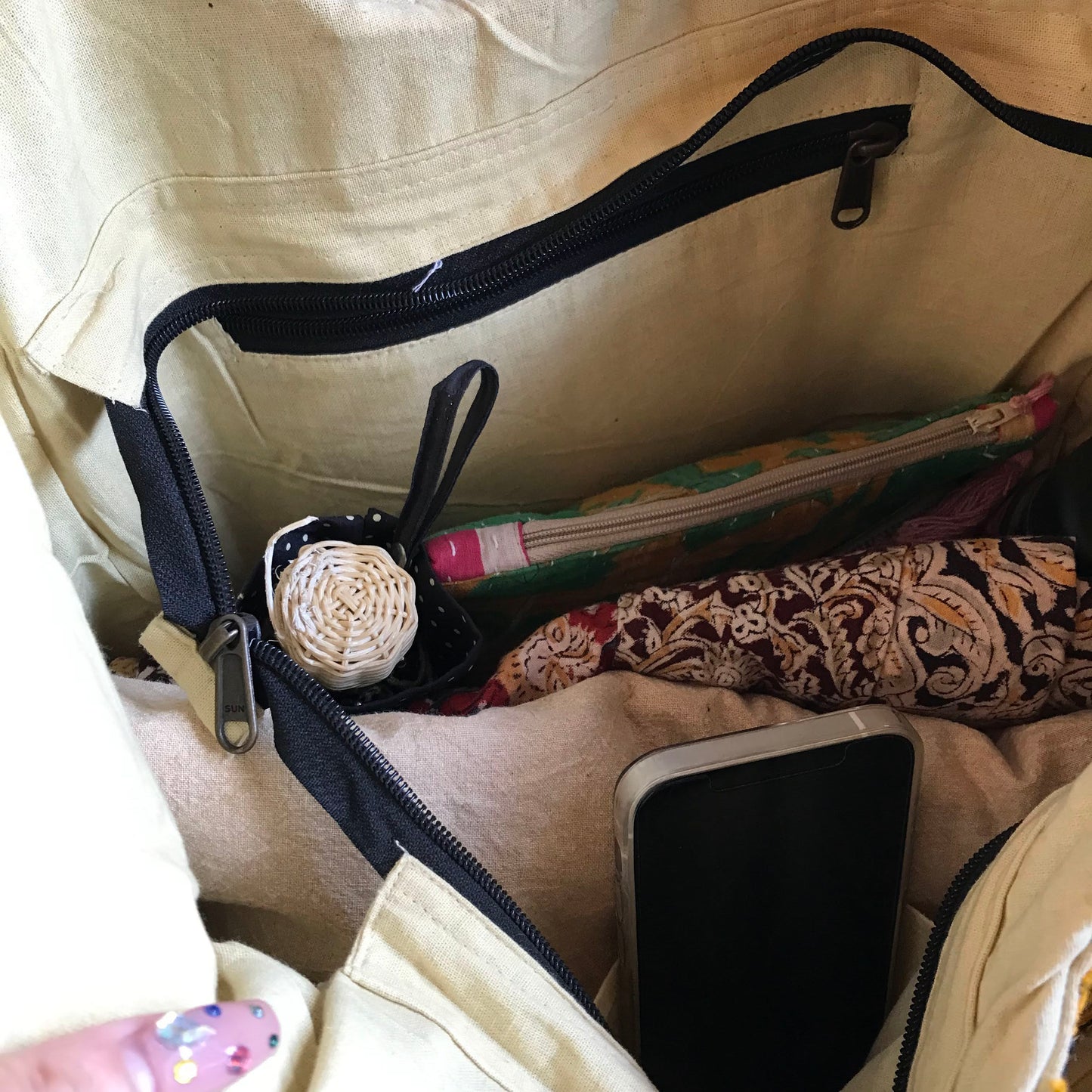 BLT-8 イエロー系マルチカラーお花風ミラー刺繍エスニックトートバッグ(L)