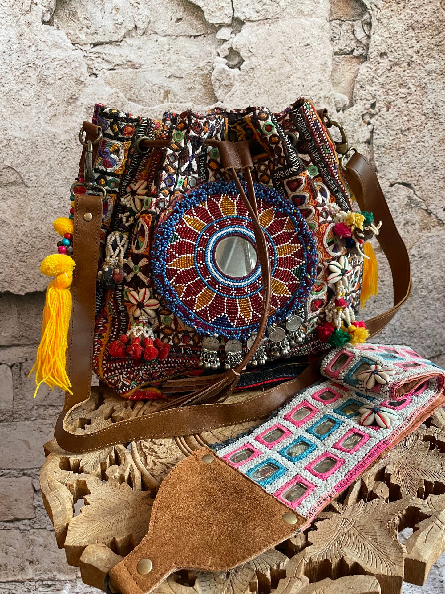 BMS-25イエロータッセル2wayフラワーアフガンビーズエスニックショルダー(M)