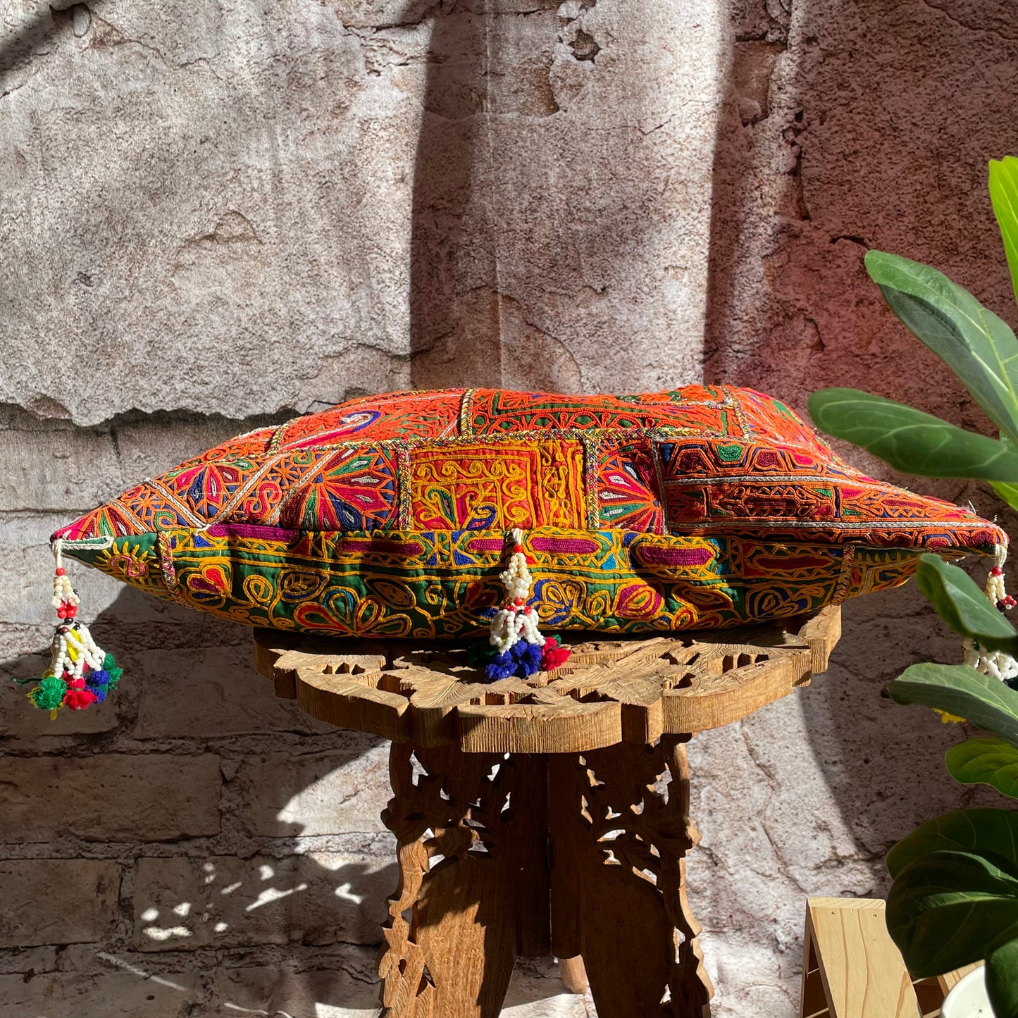 BLS-34 オレンジxグリーンxイエローアフガン刺繍スクエアエスニックショルダーバッグ(L)